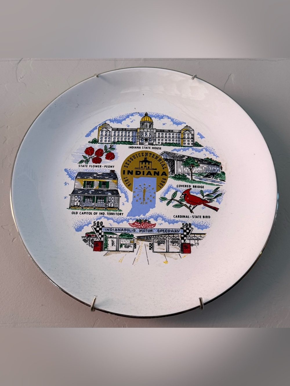 Indiana Souvenir Decorative Plate - White with Multicolor State Motifs